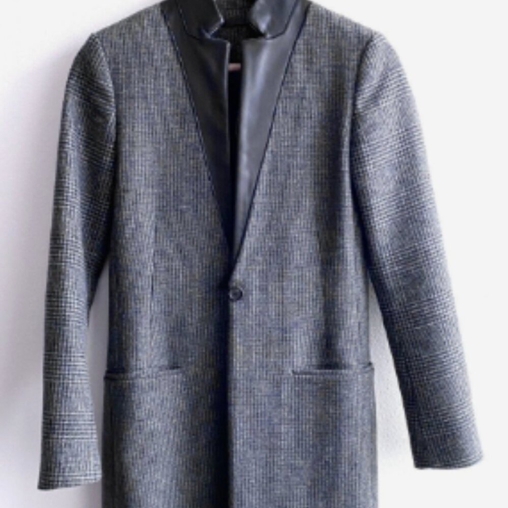 All Saints Black and Gray Plaid Wool Leather Blazer